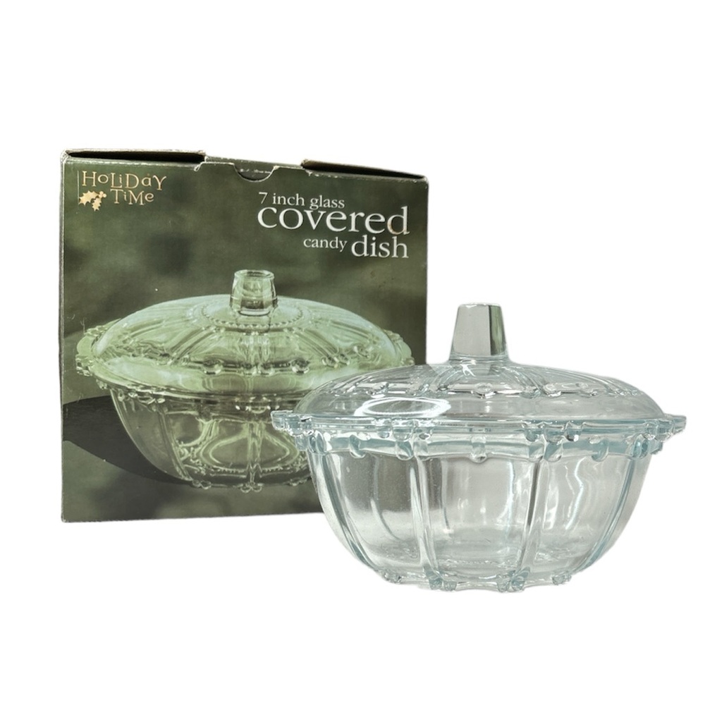 Vintage Holiday Time 7 Inch Glass Covered Candy Dish/Bowl with Lid NEW IN BOX